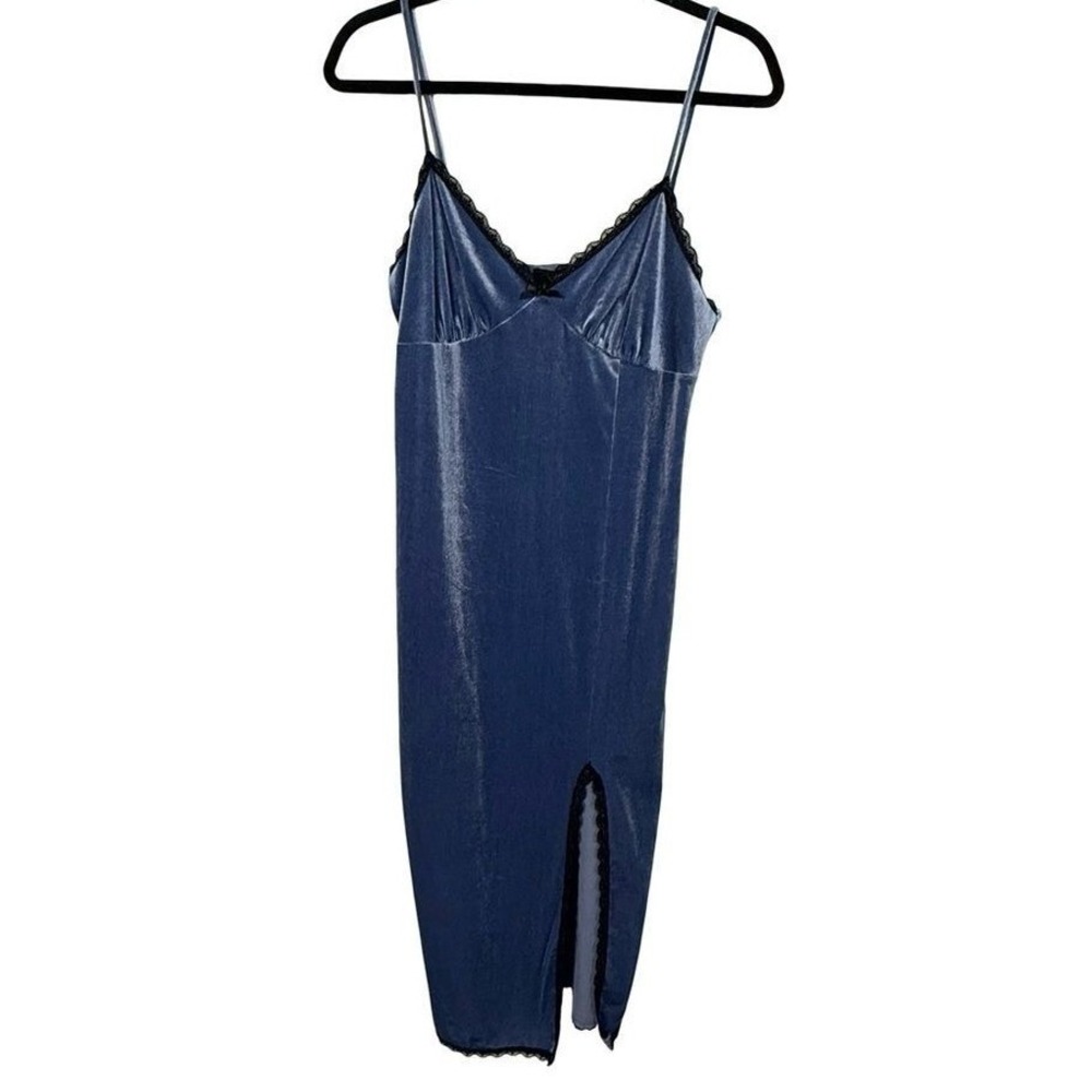 Forever 21 Blue Velvet Slip Dress Black Lace Midi Bodycon Y2K Size XL